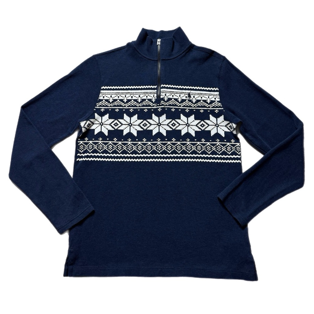 Ralph Lauren Polo Navy Blue Fair Isle Print 1/4 Zip Soft Brushed Cotton Top M